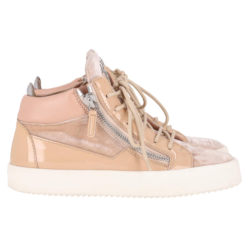 Giuseppe Zanotti Patent Leather & Velvet High Top Sneakers. Size 38