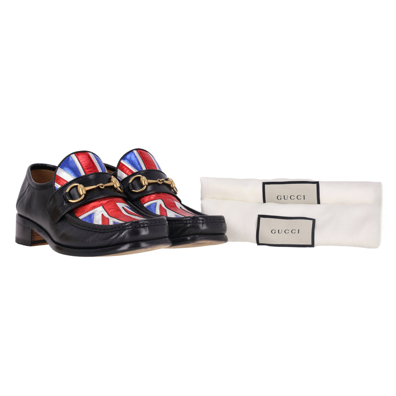 Gucci Union Jack Horsebit Leather Heeled Loafers. Size 39
