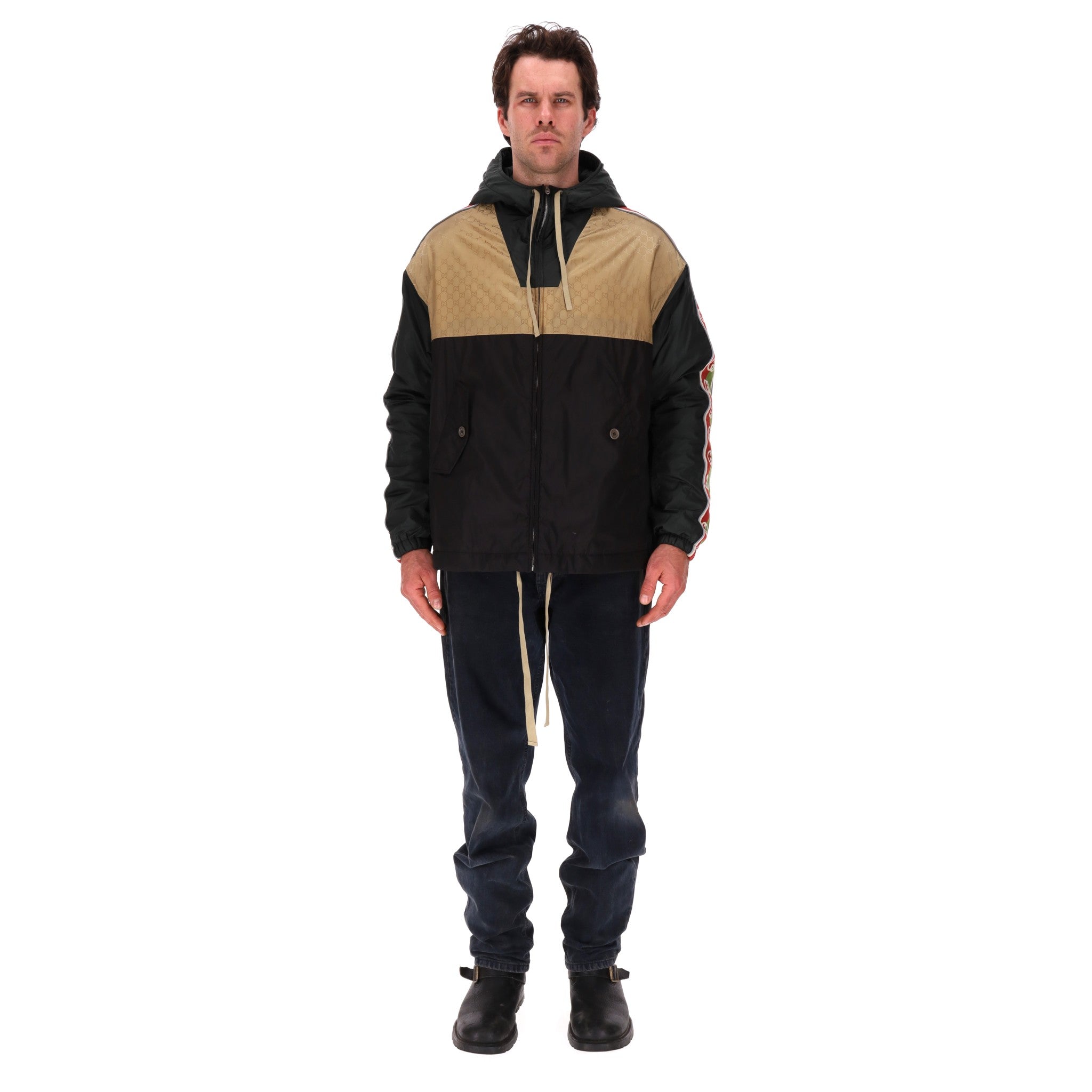 Gucci GG Jacquard Logo & Web Stripe Nylon Jacket. Size 48IT