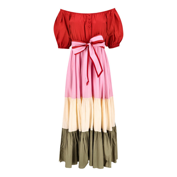 Hester Bly Colour-Block Cotton Belted Maxi Dress. Size S