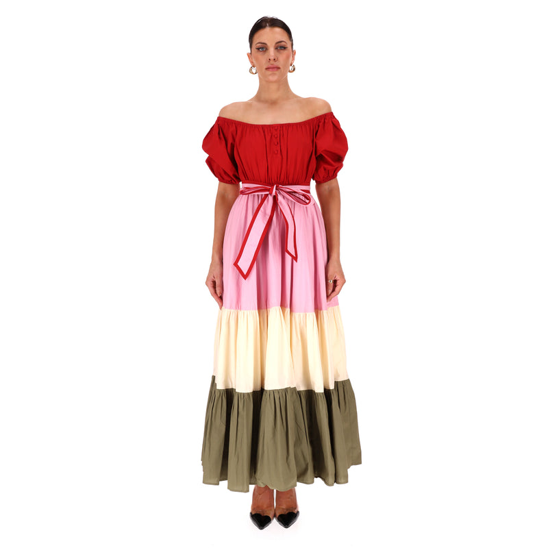 Hester Bly Colour-Block Cotton Belted Maxi Dress. Size S