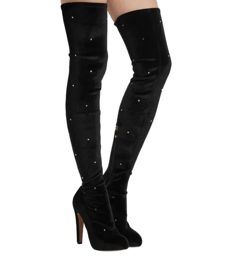 Charlotte Olympia Velvet Crystal Embellished Over-The-Knee Boots. Size 38.5