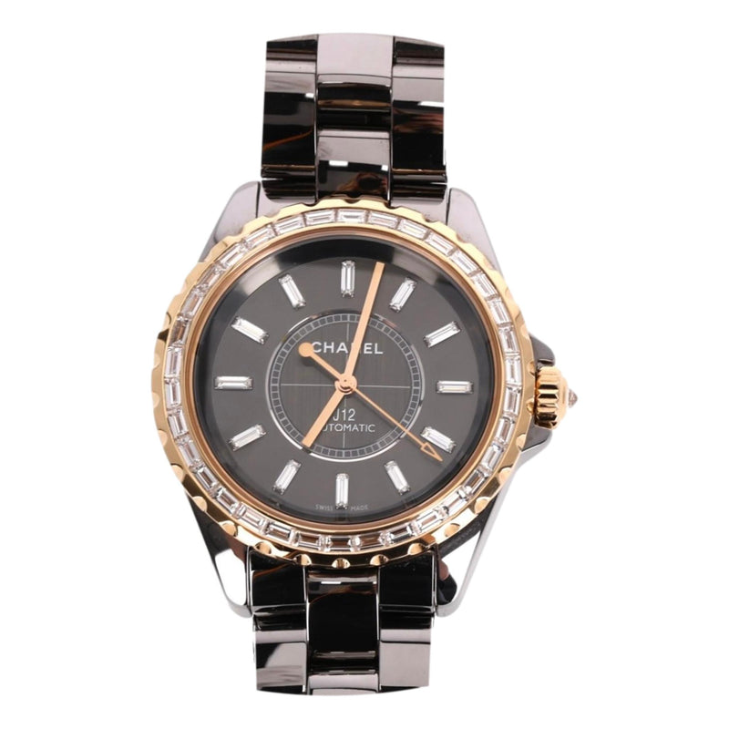 Chanel 18k Rose Gold, Ceramic &  Baguette Diamond J12 Automatic Watch - High End Jewellery Collection