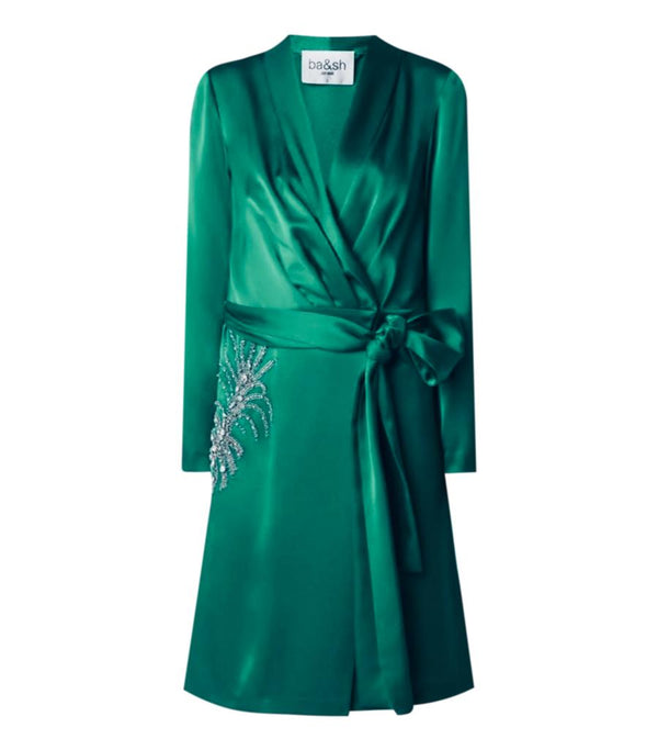 BA&SH Chain & Crystal Embellished Satin Wrap Dress. Size XS