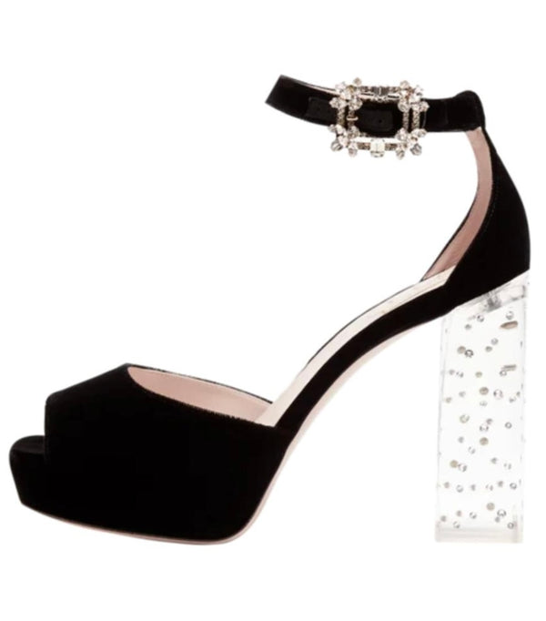 Roger Vivier Crystal Buckle & Perspex Heel Velvet Platform Sandals. Size 36