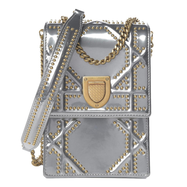 Christian Dior Metallic Cannage Calfskin Studded Vertical Diorama Clutch/Crossbody Bag