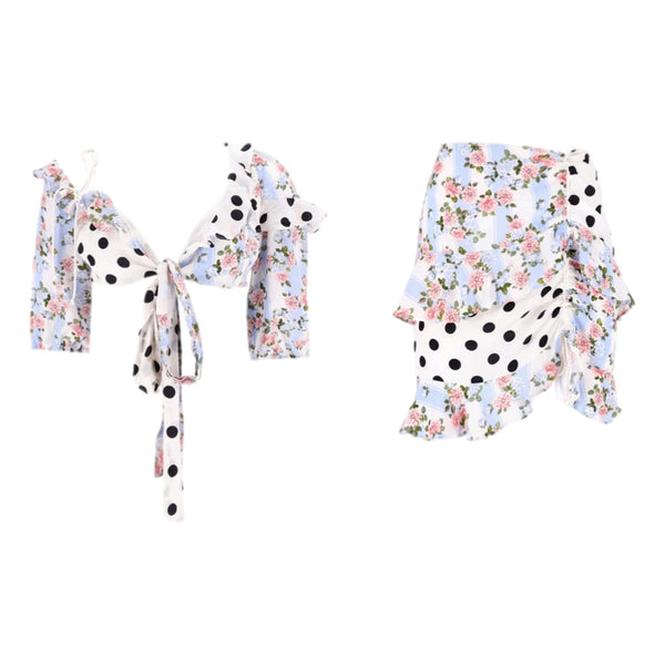 For Love & Lemons Multi-Print Ruffle Detail Cropped Top & Skirt Two-Piece Set. Size S/M