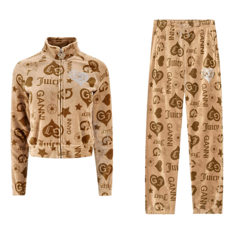 Ganni x Juicy Couture Y2K Velour Logo & Crystal Two-Piece Tracksuit Set. Size S