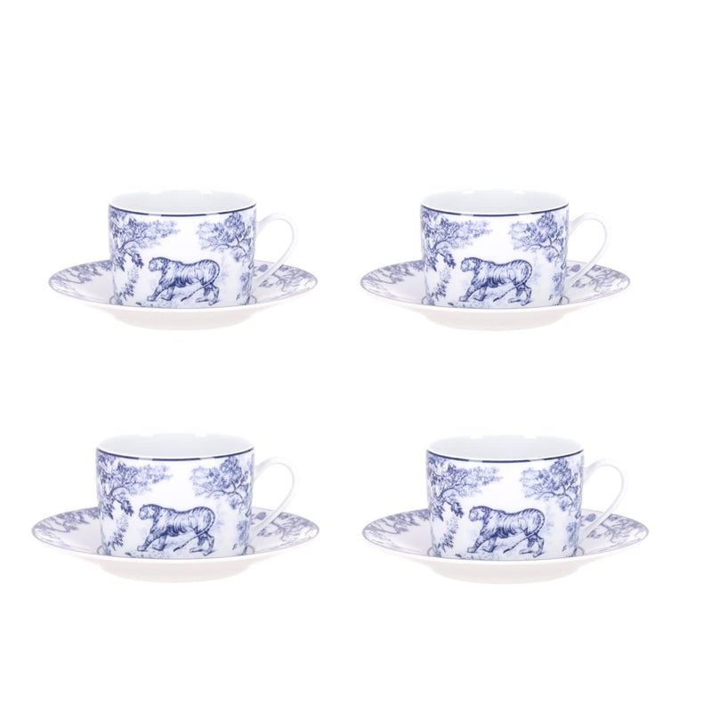 Dior Toile de Jouy Limoges Porcelain Four-Piece Teacup and Saucer Set