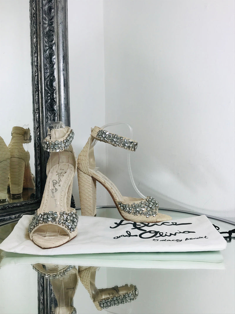 Alice and Olivia by Stacy Benet Heels Size 37 Snake Skin Embossed Crystal Embellishments Shush At The Wellington St Johns Wood London Buy Sell Consign Preloved Authentic Luxury Designer Ladies Shoes