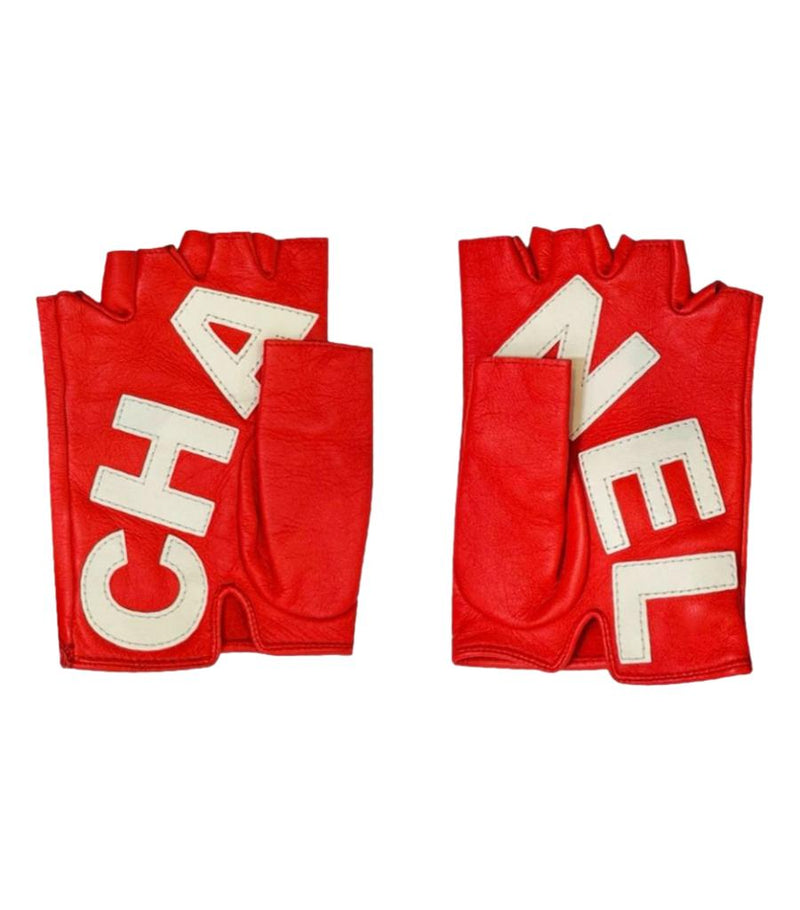 Chanel Logo Leather Fingerless Gloves