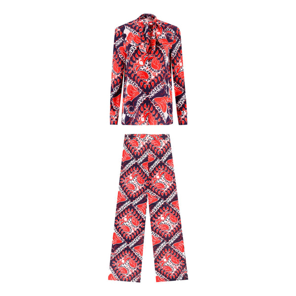 Valentino Silk Crepe Bandana Logo Print Tie Neck Top & Trouser Ensemble. Size 42IT