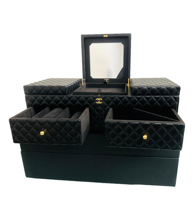 Chanel XL Leather Diamond Quilted Jewellery Trunk With Gold Keys & Storage Box
