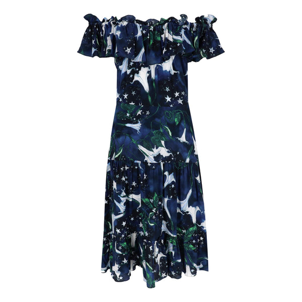 Isolda Off-The-Shoulder Ruffle Silk Dress. Size 40FR