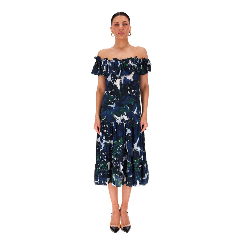 Isolda Off-The-Shoulder Ruffle Silk Dress. Size 40FR