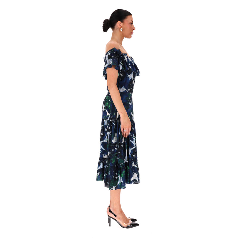 Isolda Off-The-Shoulder Ruffle Silk Dress. Size 40FR