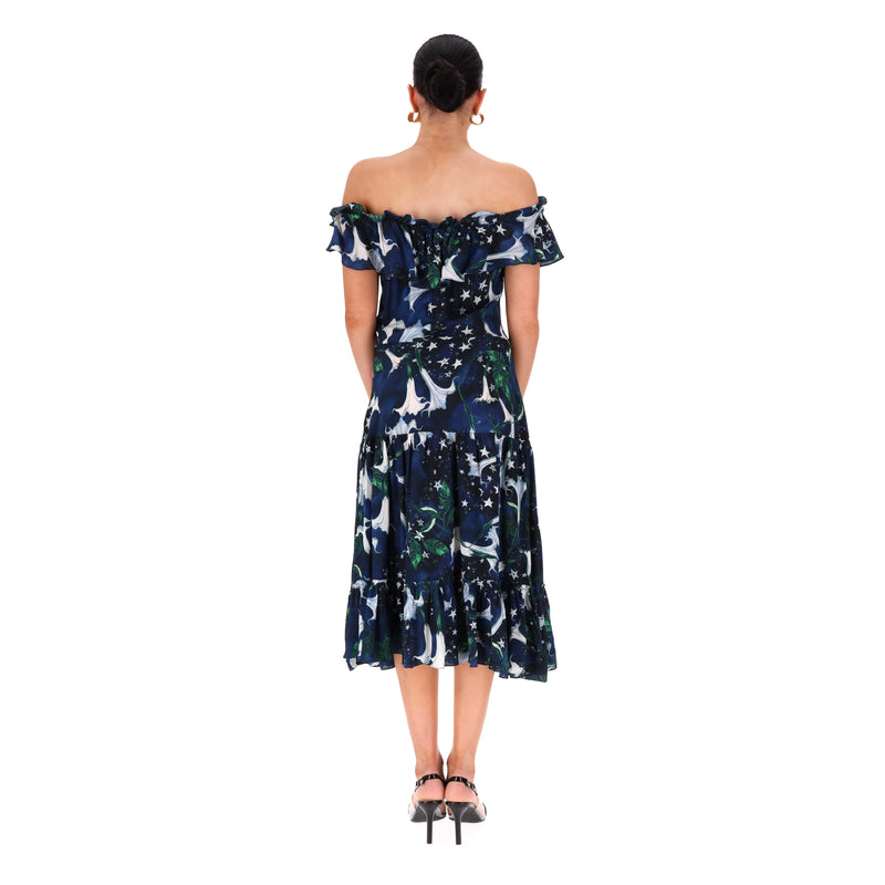 Isolda Off-The-Shoulder Ruffle Silk Dress. Size 40FR