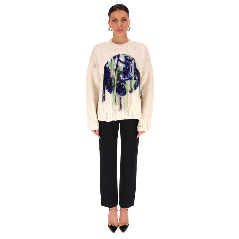 JW Anderson Globe Crystal-Embellished Fringed Sheep Wool Jumper. Size S