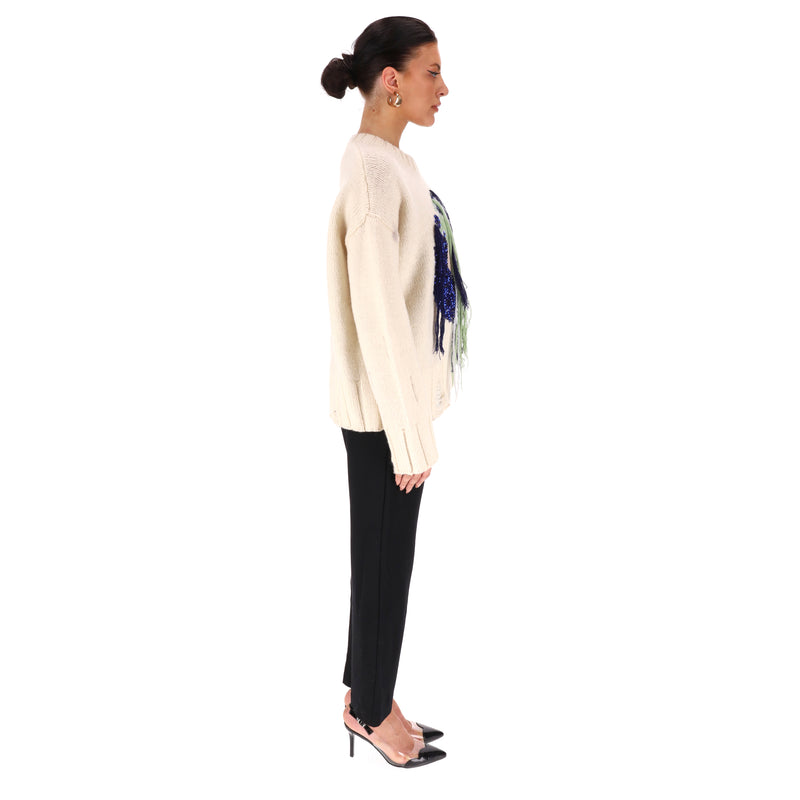 JW Anderson Globe Crystal-Embellished Fringed Sheep Wool Jumper. Size S