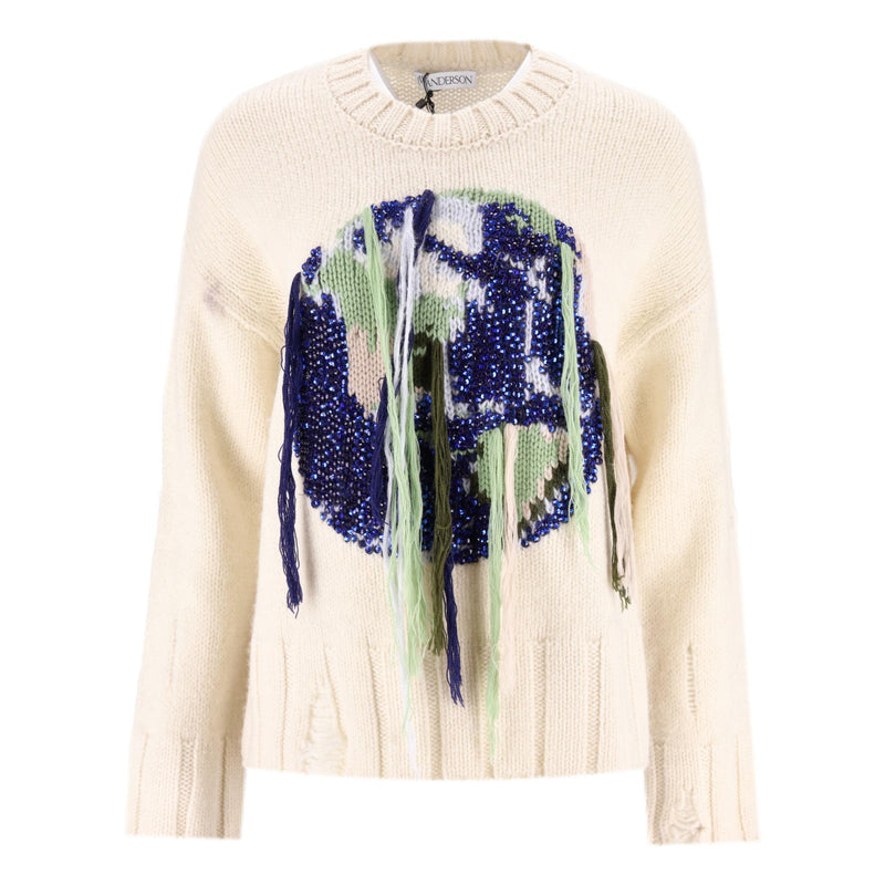 JW Anderson Globe Crystal-Embellished Fringed Sheep Wool Jumper. Size S