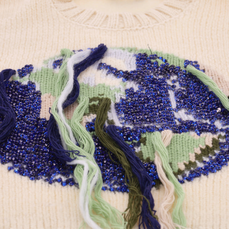JW Anderson Globe Crystal-Embellished Fringed Sheep Wool Jumper. Size S
