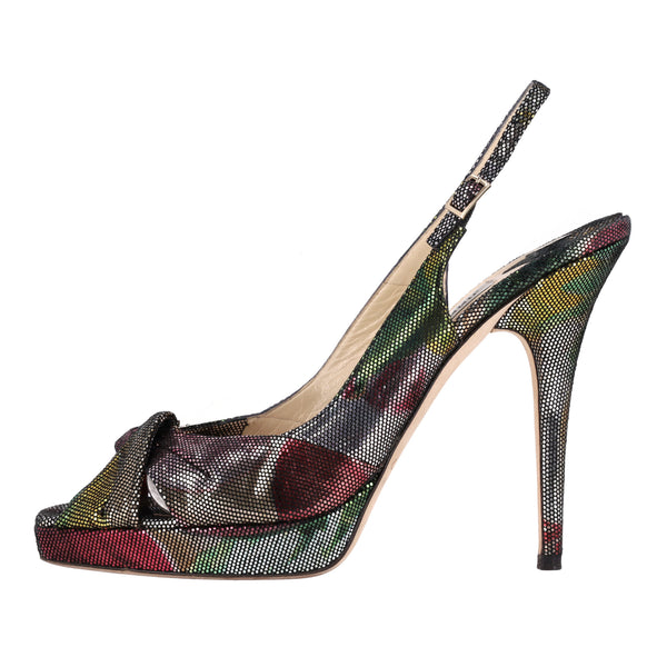 Jimmy Choo Metallic Peep-Toe Slingback Heels. Size 40