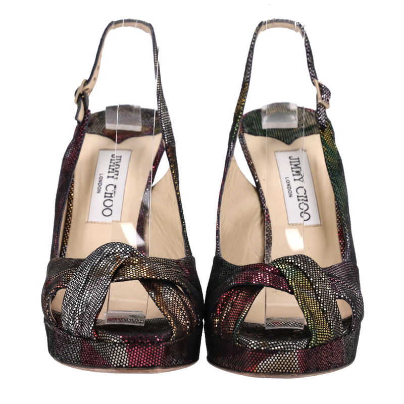 Jimmy Choo Metallic Peep-Toe Slingback Heels. Size 40