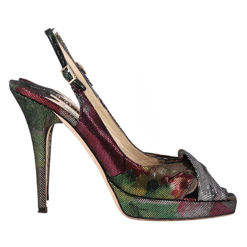 Jimmy Choo Metallic Peep-Toe Slingback Heels. Size 40