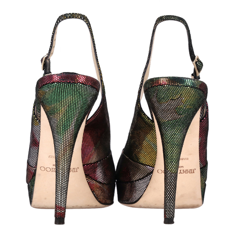 Jimmy Choo Metallic Peep-Toe Slingback Heels. Size 40