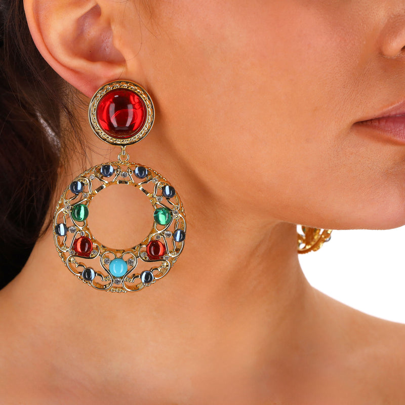 Kenneth Lane 22k Gold Plated Glass Crystal & Gemstone Clip-On Earrings