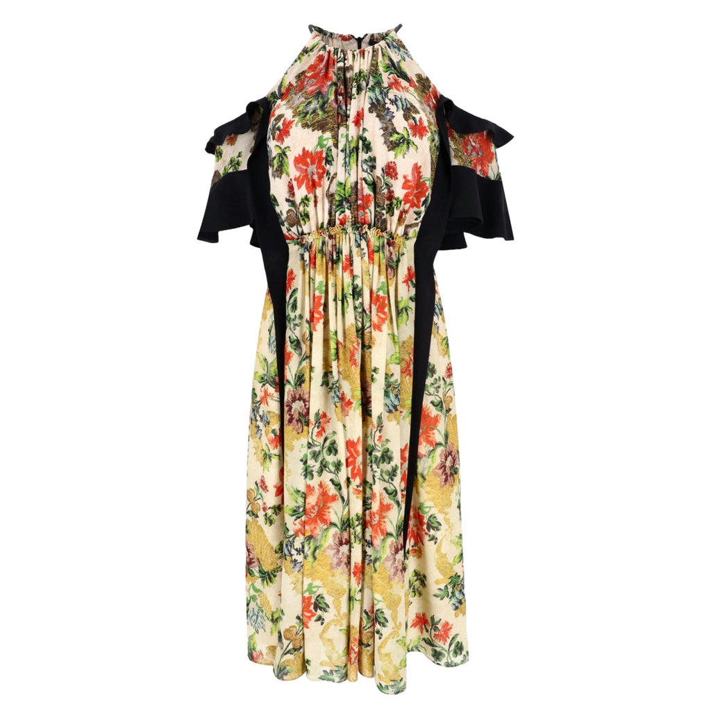Louis Vuitton Cold-Shoulder Ruffle Detail Floral Silk Dress. Size