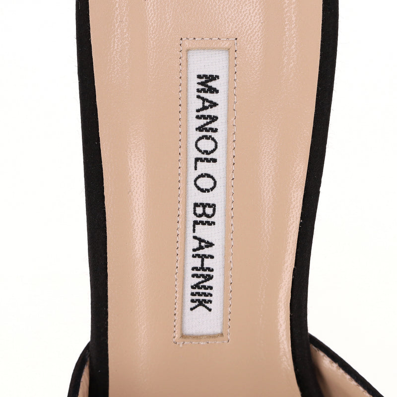 Manolo Blahnik 'Hangisi' Crystal Embellished Satin Heeled Mules. Size 37.5