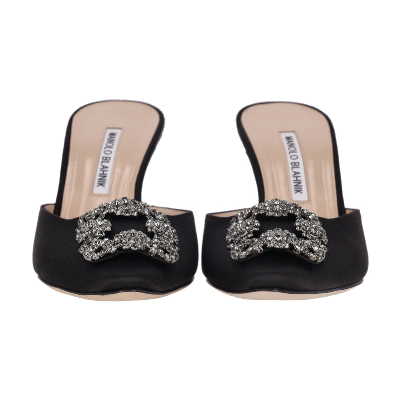 Manolo Blahnik 'Hangisi' Crystal Embellished Satin Heeled Mules. Size 37.5