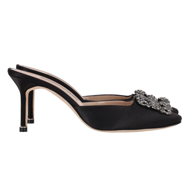 Manolo Blahnik 'Hangisi' Crystal Embellished Satin Heeled Mules. Size 37.5