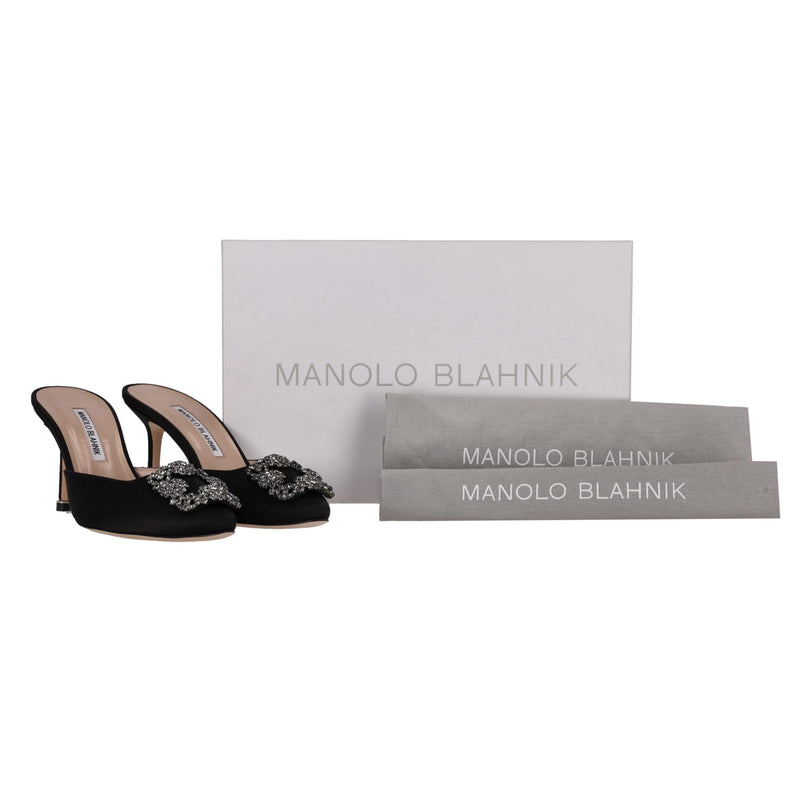 Manolo Blahnik 'Hangisi' Crystal Embellished Satin Heeled Mules. Size 37.5