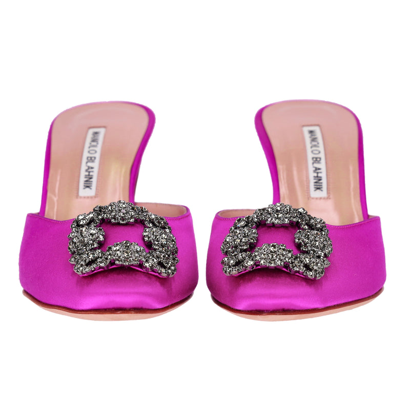Manolo Blahnik 'Hangisi' Crystal Embellished Satin Heeled Mules. Size 37.5