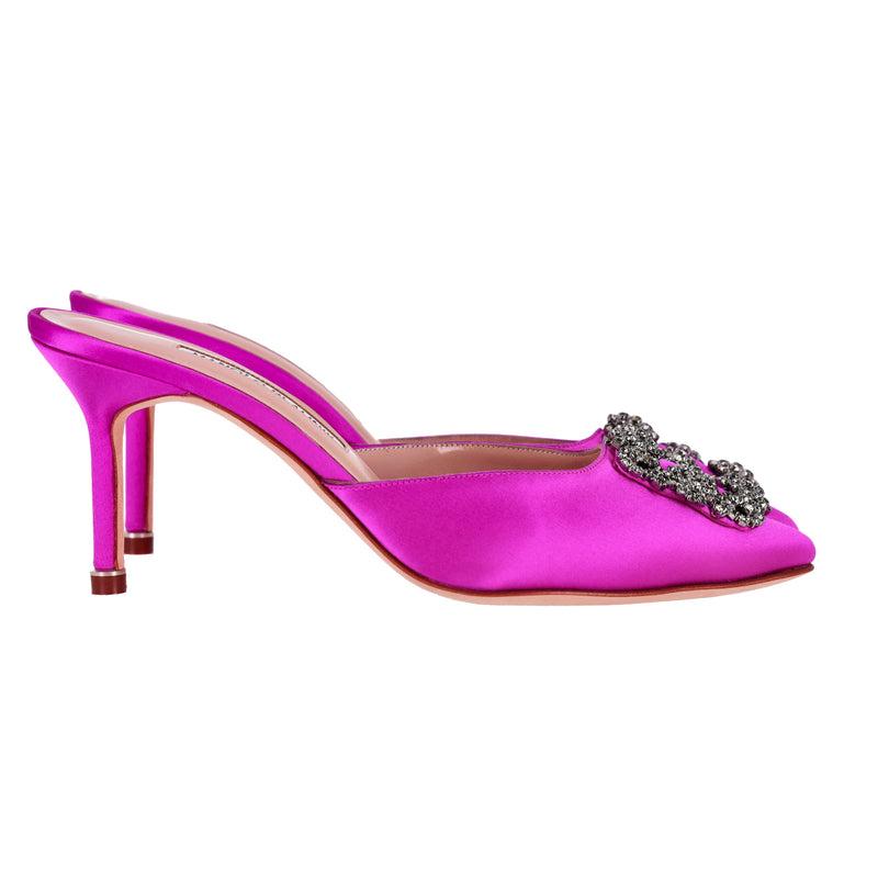 Manolo Blahnik 'Hangisi' Crystal Embellished Satin Heeled Mules. Size 37.5