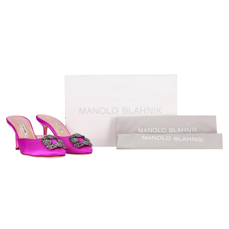 Manolo Blahnik 'Hangisi' Crystal Embellished Satin Heeled Mules. Size 37.5