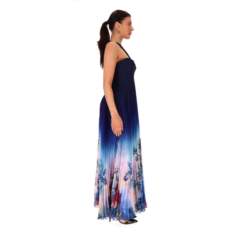 Marchesa Notte Cut-Out Detail Ombre Floral Plisse-Chiffon Gown. Size 2US