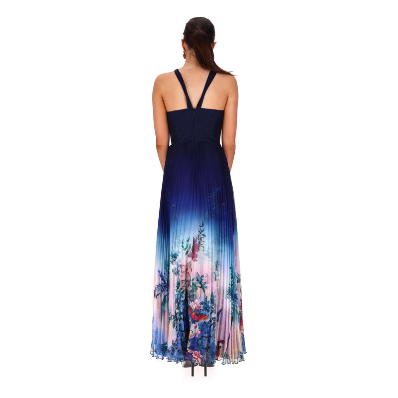 Marchesa Notte Cut-Out Detail Ombre Floral Plisse-Chiffon Gown. Size 2US