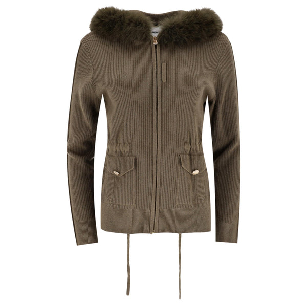 Max & Moi Merino Wool & Cashmere Blue Fox Trimmed Zipped Cardigan. Size S