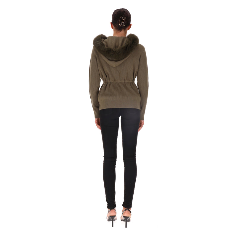 Max & Moi Merino Wool & Cashmere Blue Fox Trimmed Zipped Cardigan. Size S