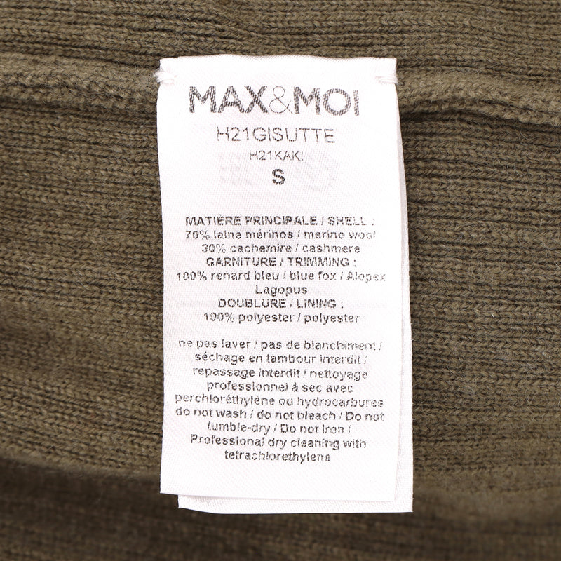 Max & Moi Merino Wool & Cashmere Blue Fox Trimmed Zipped Cardigan. Size S