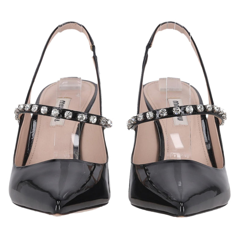 Miu Miu Patent Leather Slingback Pumps With A Crystal Strap. Size 39