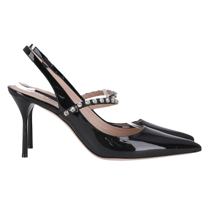 Miu Miu Patent Leather Slingback Pumps With A Crystal Strap. Size 39