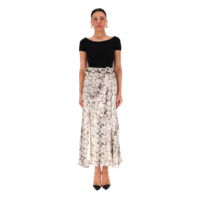 Nicholas Ruched Snake Print Silk Midi Skirt. Size 12UK
