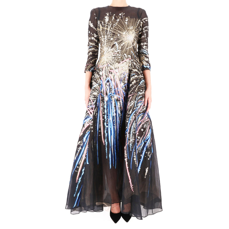 Oscar De La Renta Silk Blend Metallic Embroidered-Firework Mesh Evening Gown. Size XS