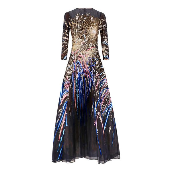 Oscar De La Renta Silk Blend Metallic Embroidered-Firework Mesh Evening Gown. Size XS