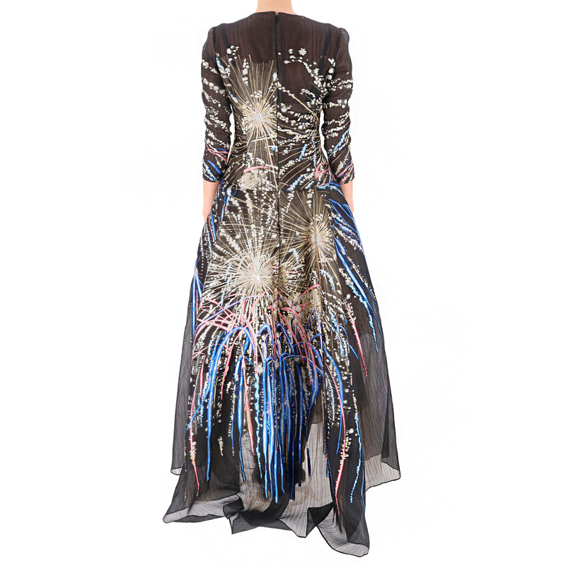 Oscar De La Renta Silk Blend Metallic Embroidered-Firework Mesh Evening Gown. Size XS