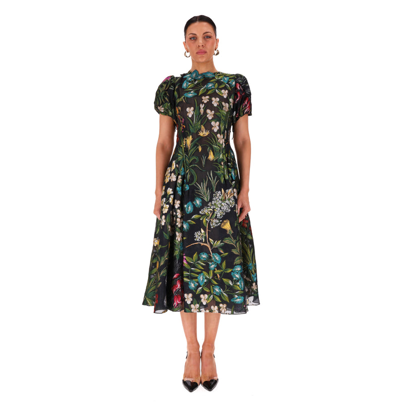 Oscar De La Renta Floral Tapestry Puff-Sleeve Silk Blend Dress. Size 8UK